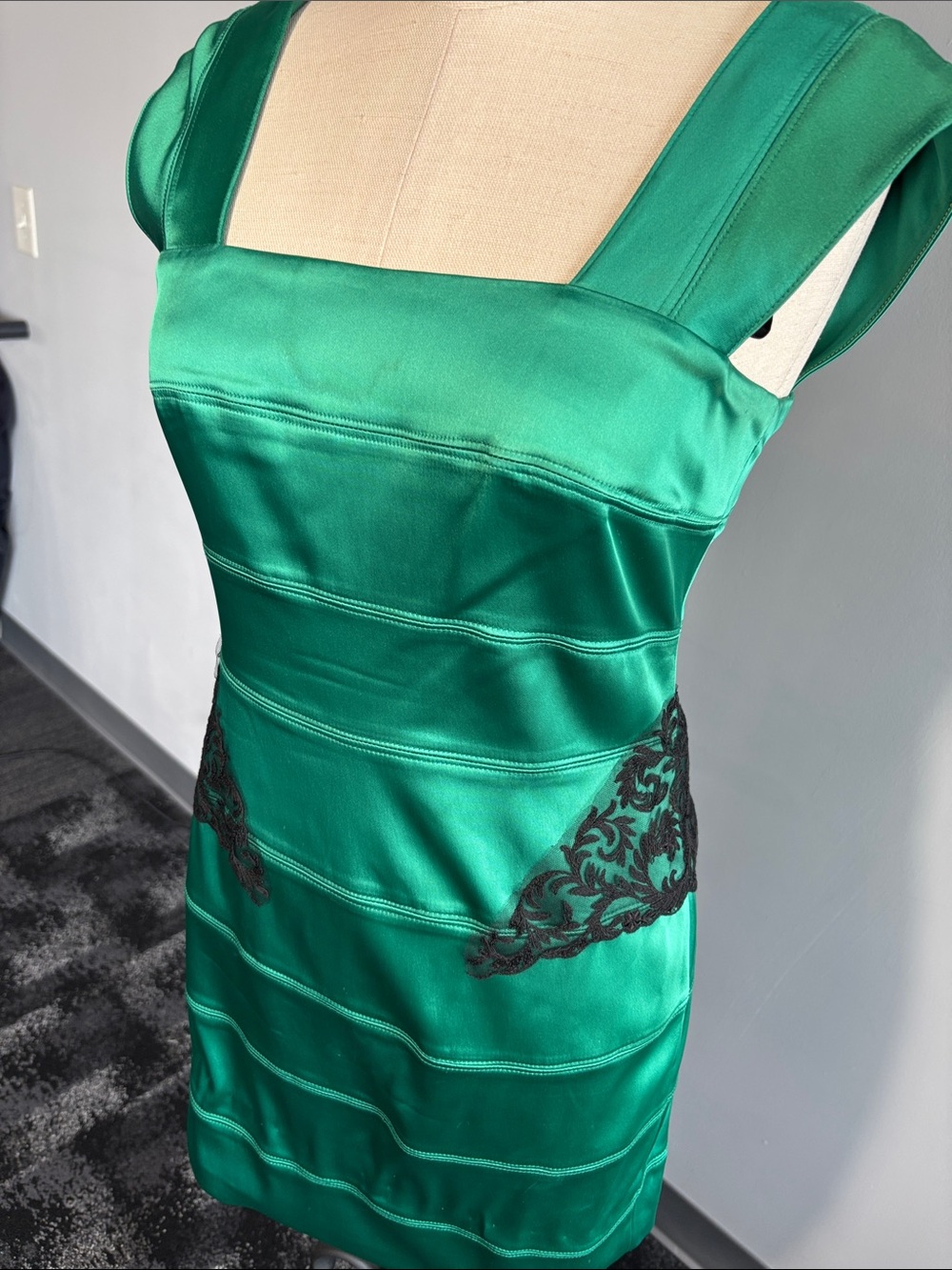 Calvin Klein Emerald Green Satin Mini Dress with Black Lace Accents